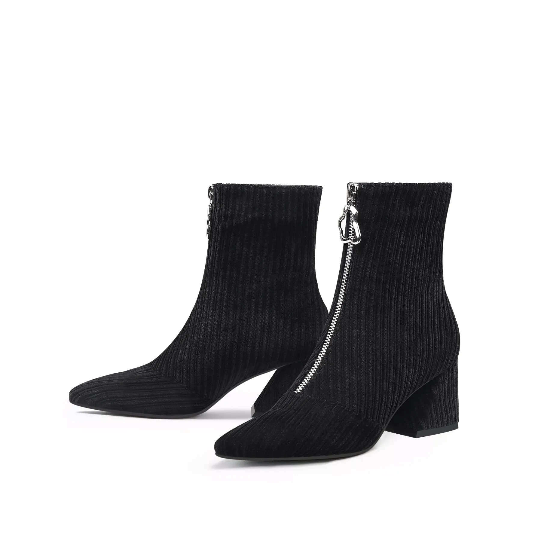 Corduroy Block Heel Ankle Boot - Black