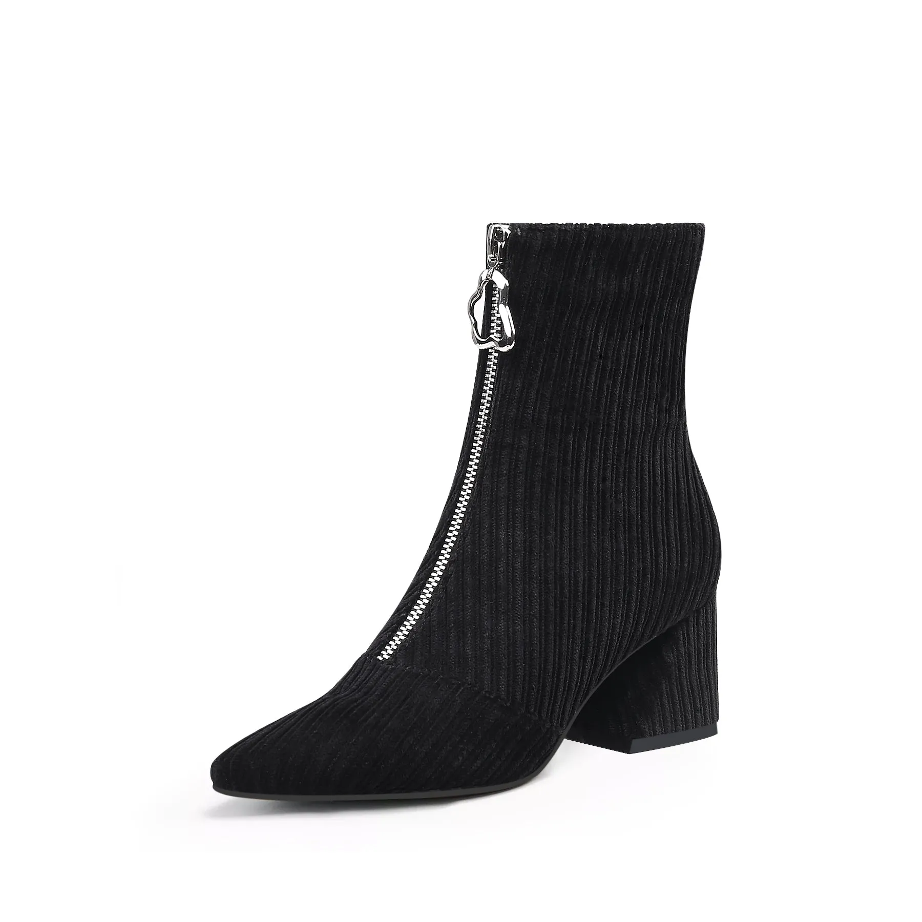 Corduroy Block Heel Ankle Boot - Black
