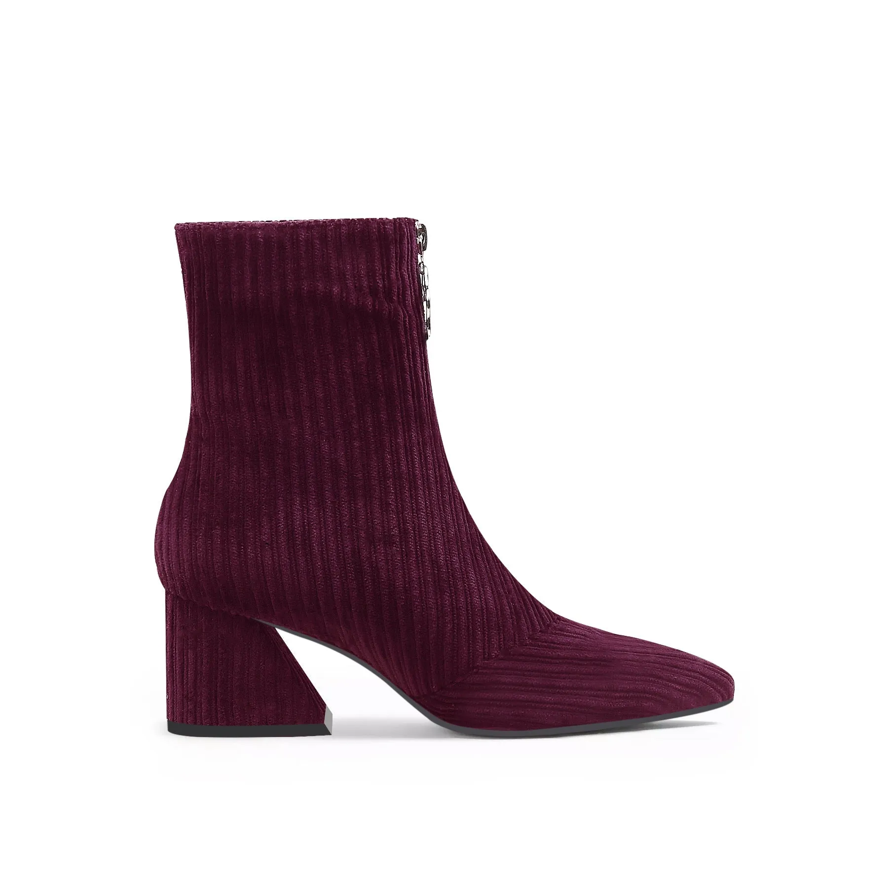 Corduroy Block Heel Ankle Boot - Wine