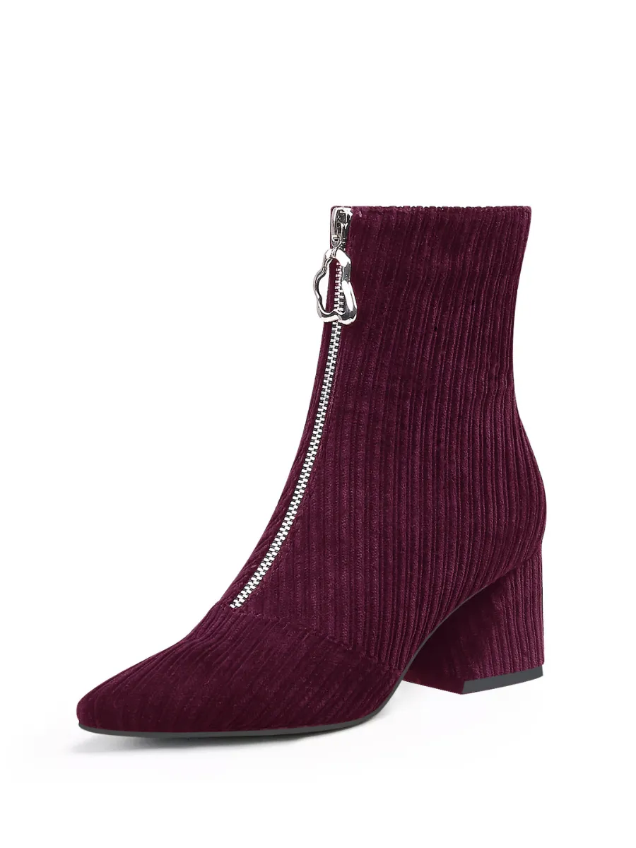 Corduroy Block Heel Ankle Boot - Wine