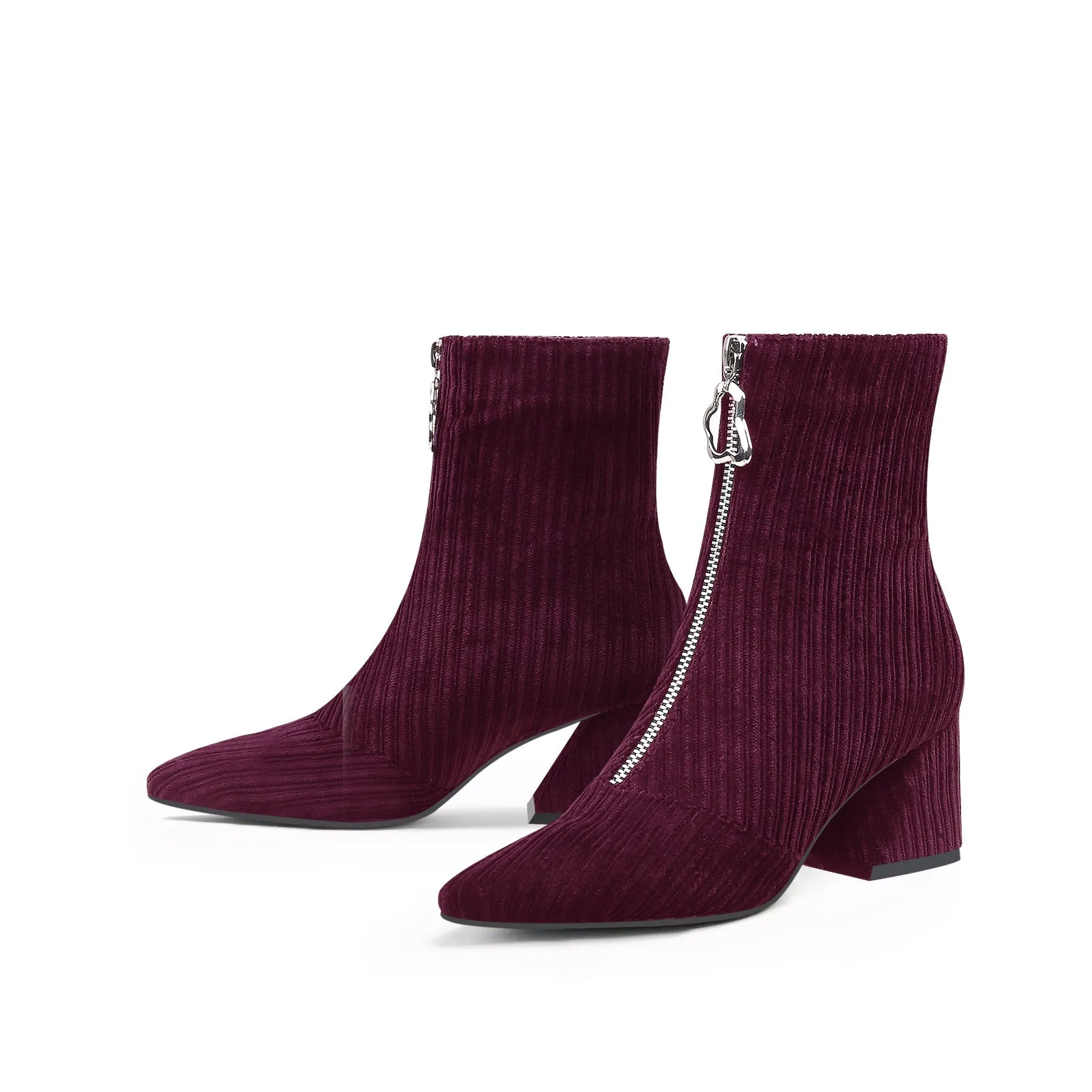 Corduroy Block Heel Ankle Boot - Wine