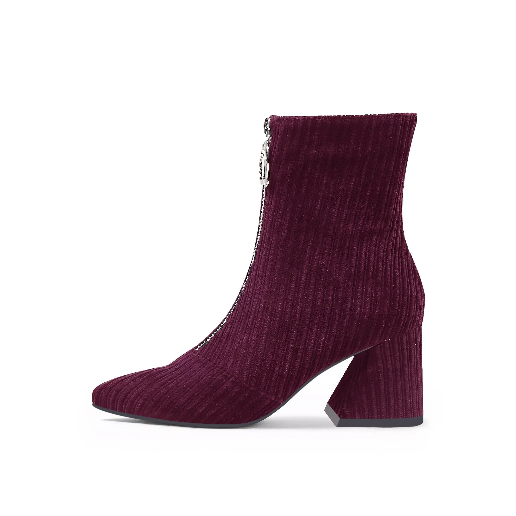 Corduroy Block Heel Ankle Boot - Wine