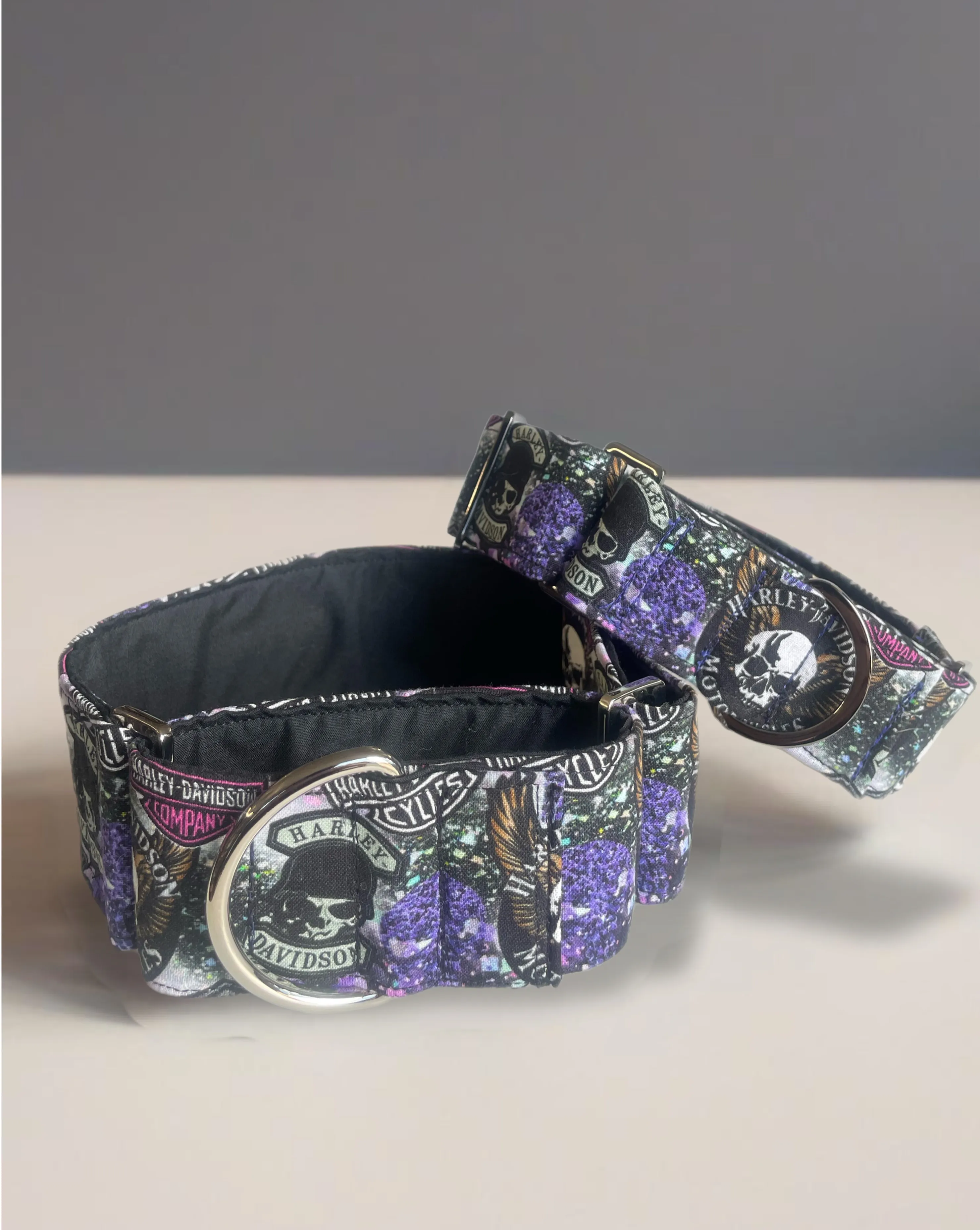 Cotton covered greyhound Martingale collar ‘Harley’ design wide super soft