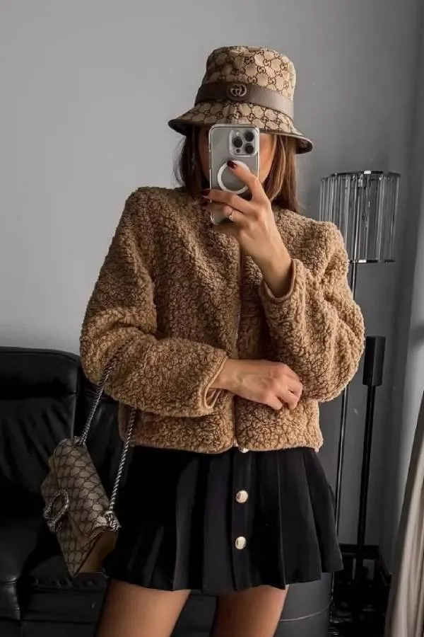 Crew Neck Warm Fleece Short Jacket Long Sleeve Coat