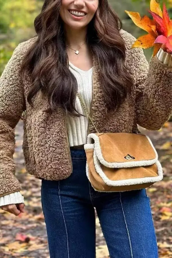 Crew Neck Warm Fleece Short Jacket Long Sleeve Coat