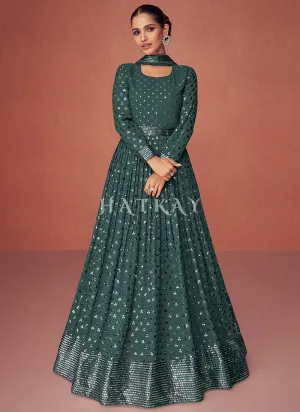 Deep Green Sequence Embroidered Festive Anarkali Suit