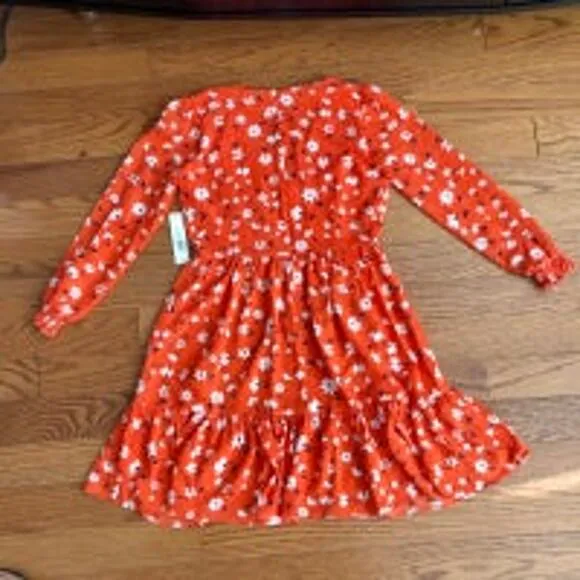 ELIZA J Floral Suplice Tiered Long Sleeves V-Neck Coral Dress Women’s Size 8 NWT