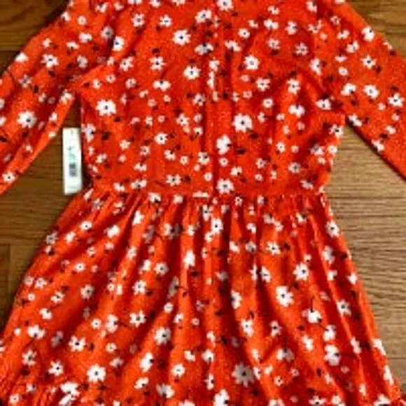 ELIZA J Floral Suplice Tiered Long Sleeves V-Neck Coral Dress Women’s Size 8 NWT