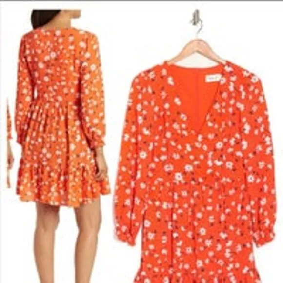ELIZA J Floral Suplice Tiered Long Sleeves V-Neck Coral Dress Women’s Size 8 NWT