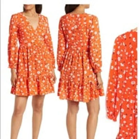 ELIZA J Floral Suplice Tiered Long Sleeves V-Neck Coral Dress Women’s Size 8 NWT