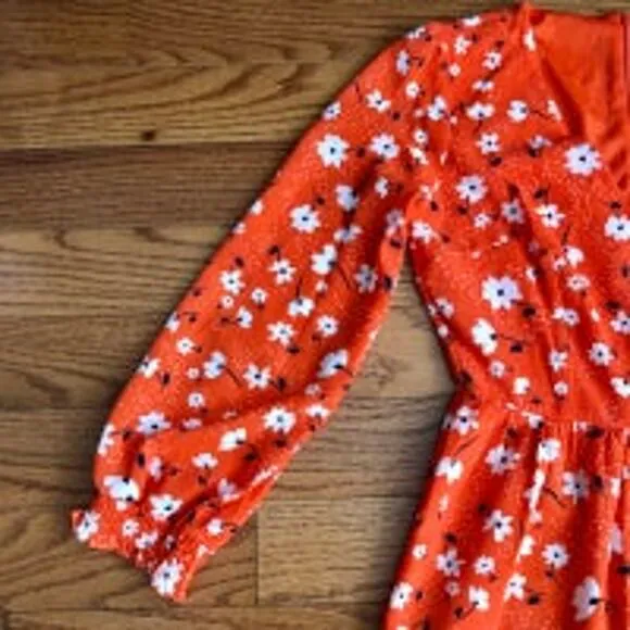 ELIZA J Floral Suplice Tiered Long Sleeves V-Neck Coral Dress Women’s Size 8 NWT