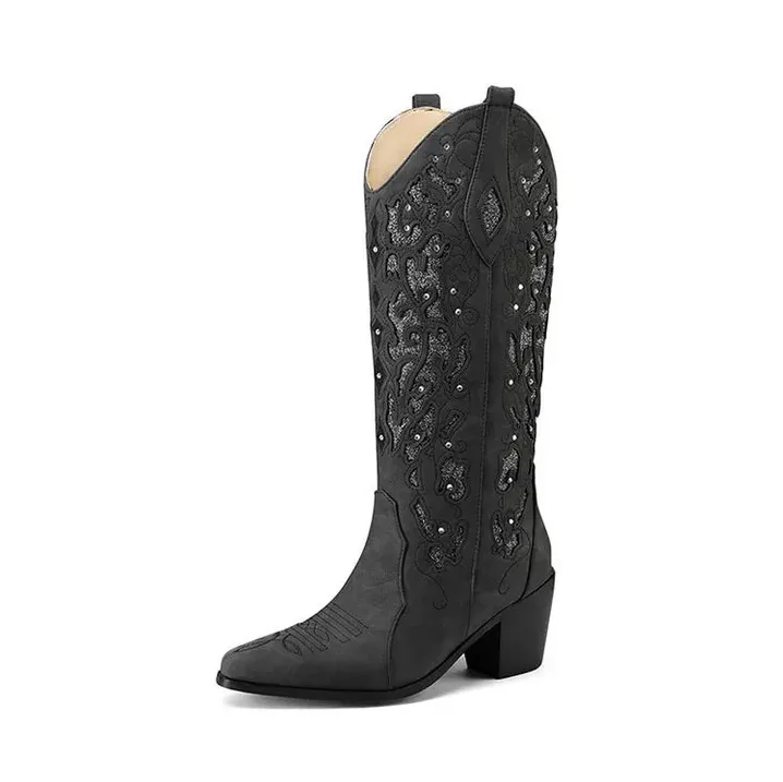 Embroidered Celine Cowboy Ankle Boots with Heels