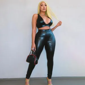 Faux Leather Crop Top and Pants Set
