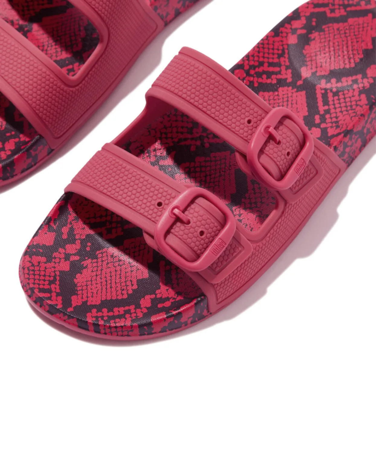Fitflop iQushion Snake Print Two Bar Buckle Slides Wild Raspberry
