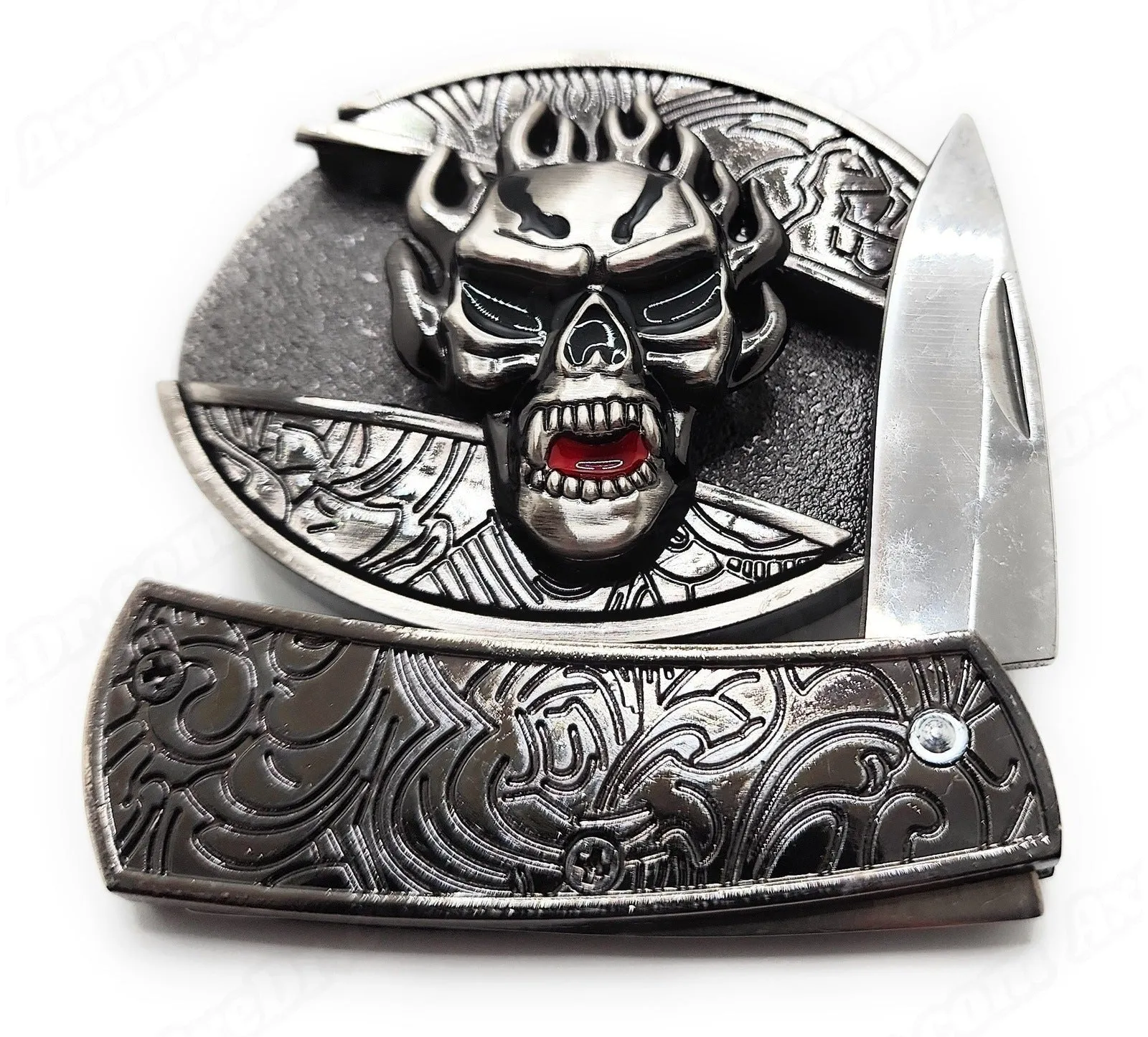 Flaming Skull Folding Knife Belt Buckle