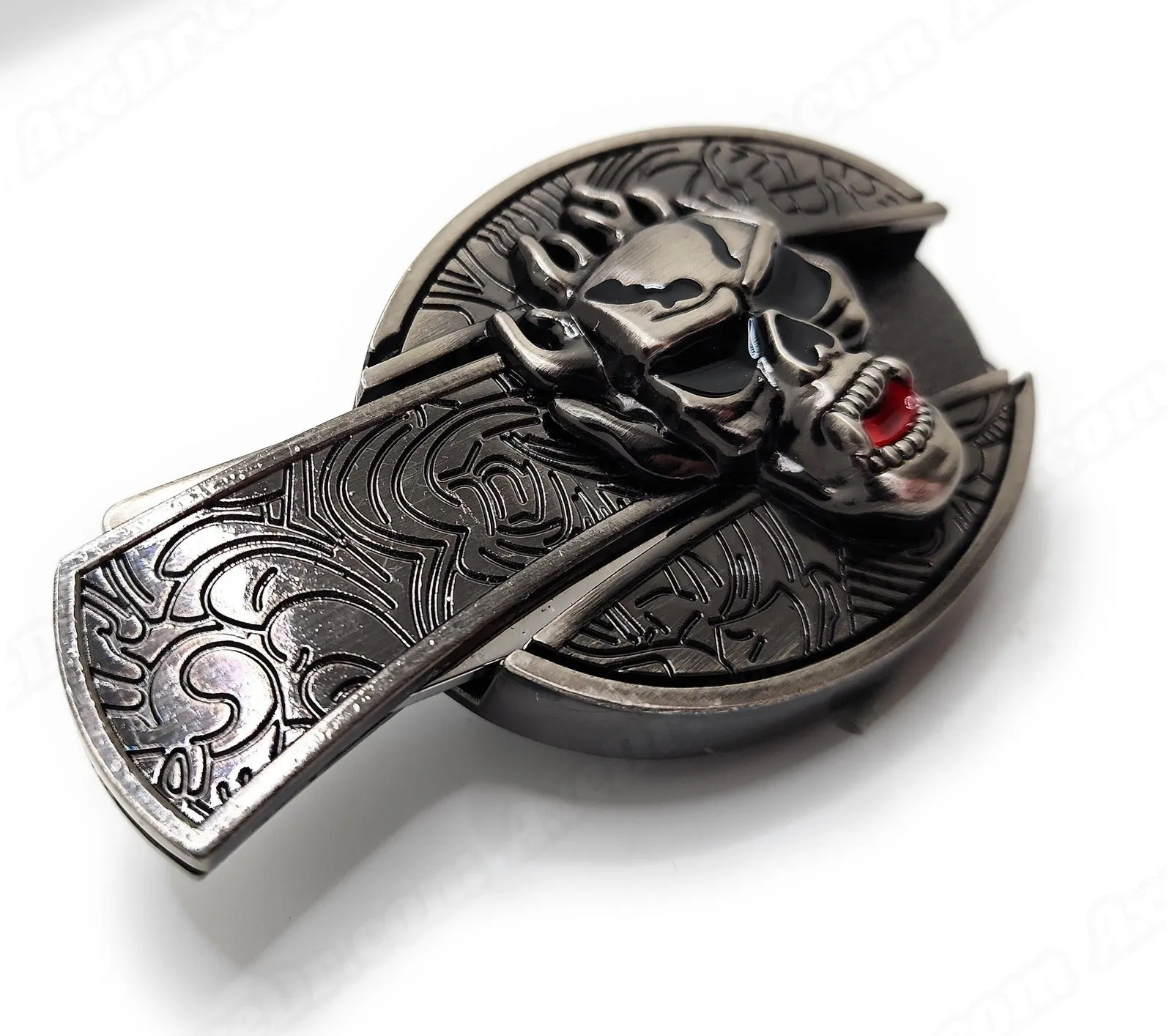 Flaming Skull Folding Knife Belt Buckle