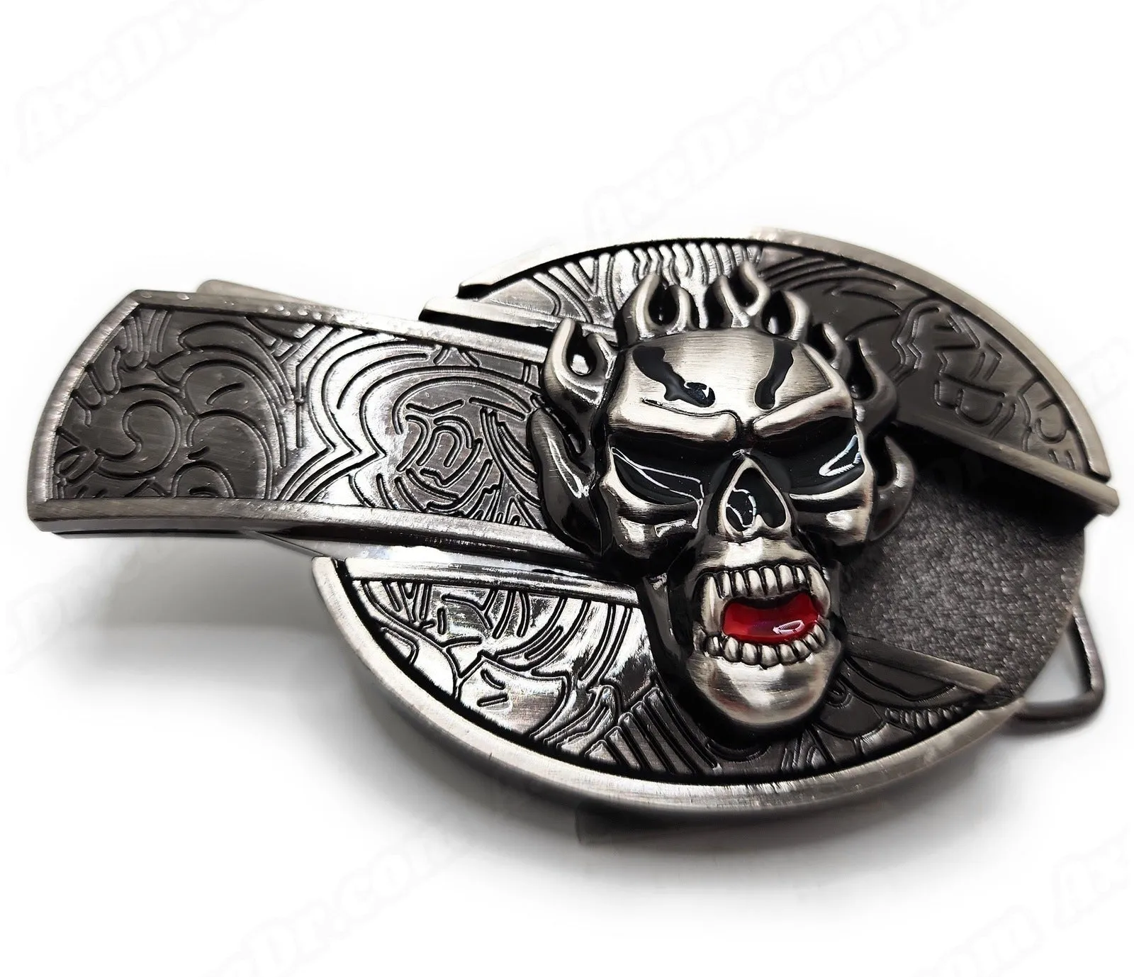 Flaming Skull Folding Knife Belt Buckle