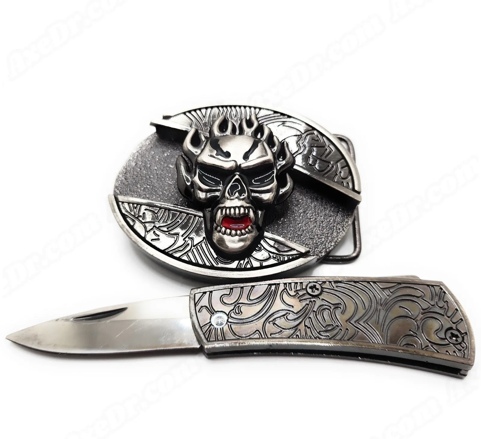 Flaming Skull Folding Knife Belt Buckle