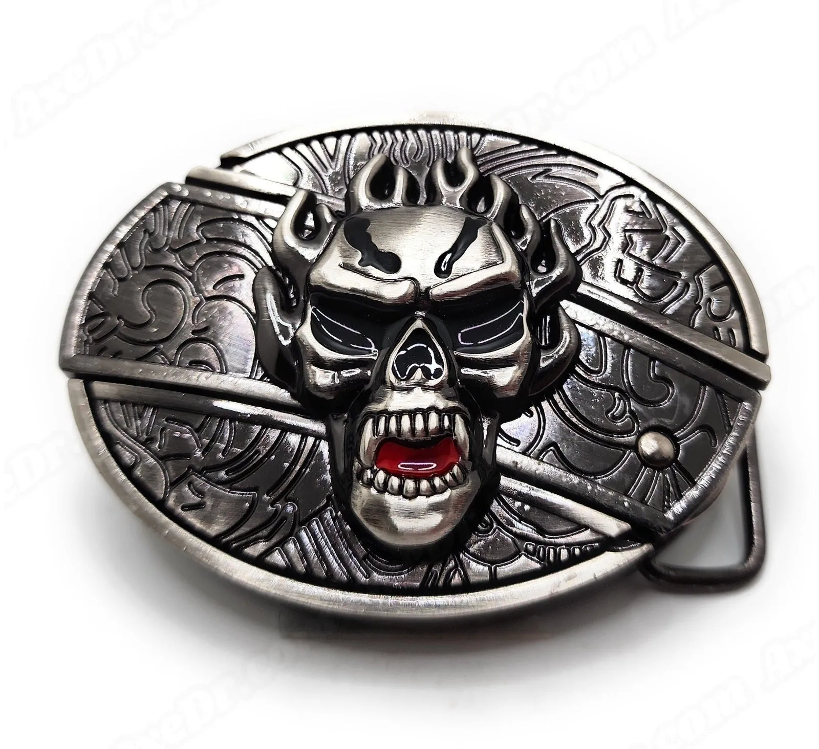 Flaming Skull Folding Knife Belt Buckle