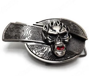 Flaming Skull Folding Knife Belt Buckle