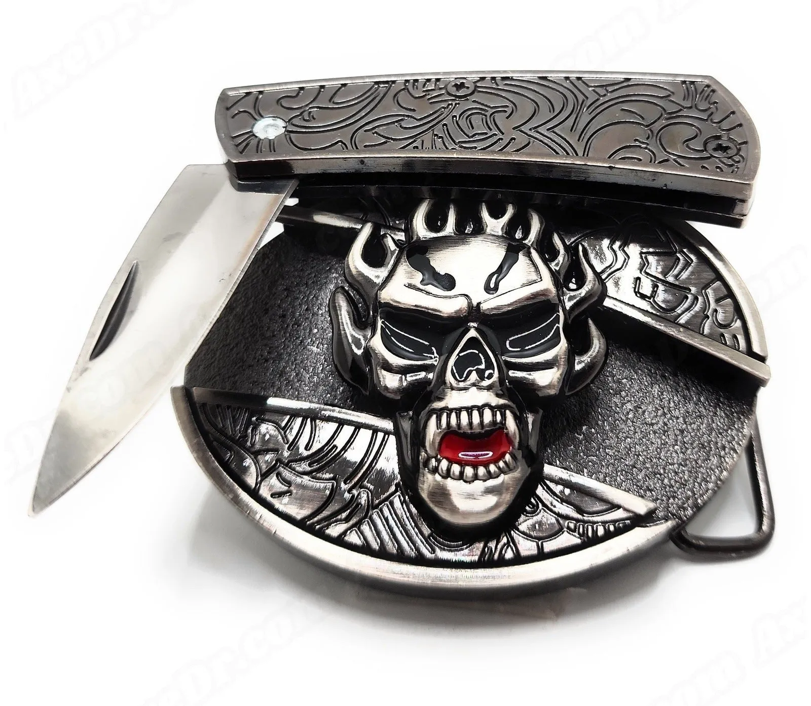 Flaming Skull Folding Knife Belt Buckle