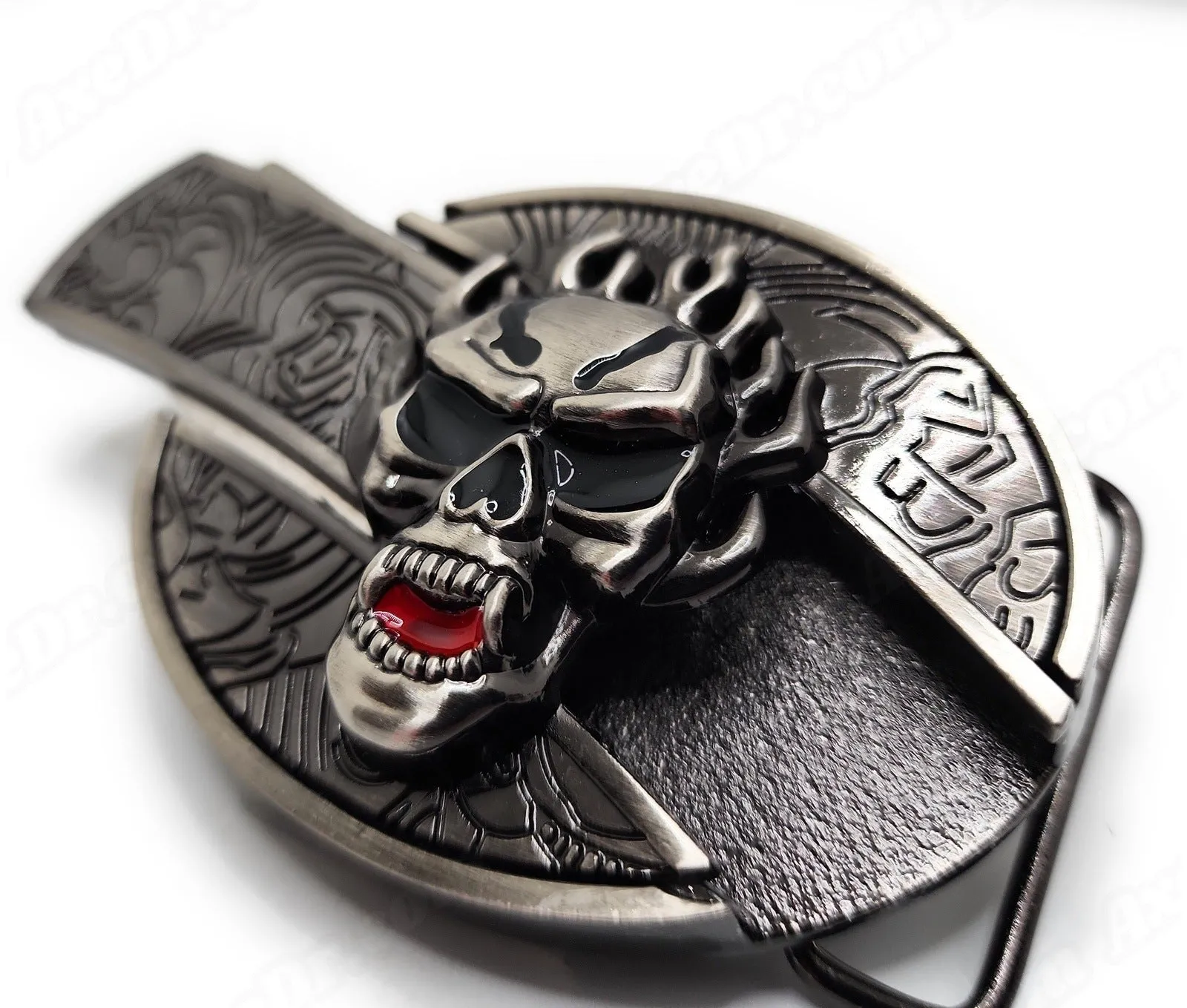 Flaming Skull Folding Knife Belt Buckle