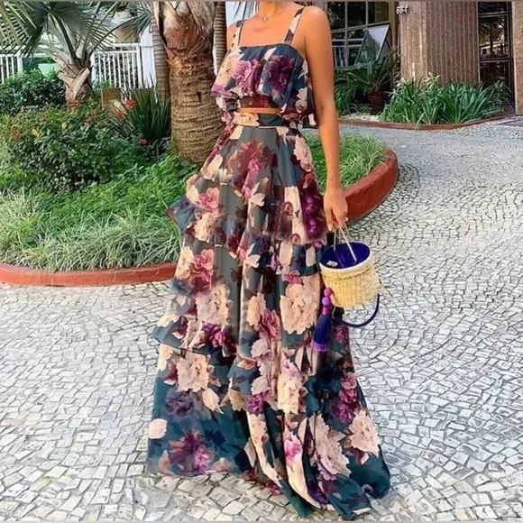 Floral Skirt Set long skirt thin strap Top