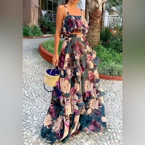 Floral Skirt Set long skirt thin strap Top