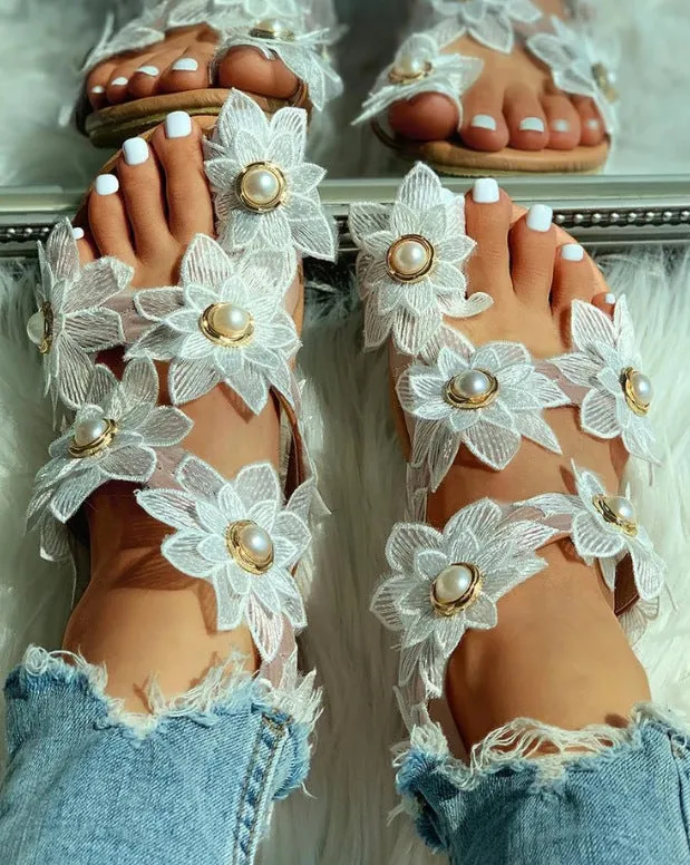 Flower Pearls Flat Sandals