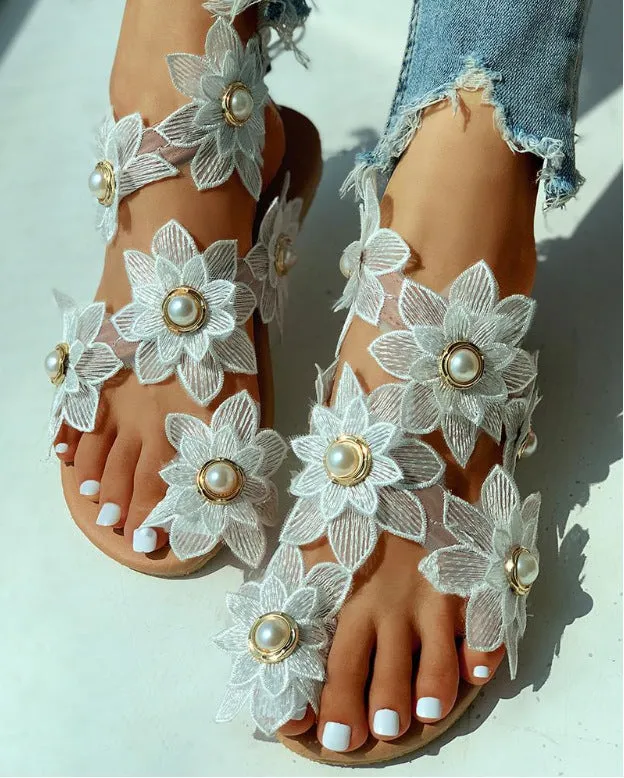 Flower Pearls Flat Sandals