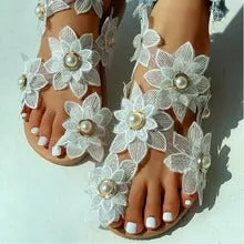 Flower Pearls Flat Sandals