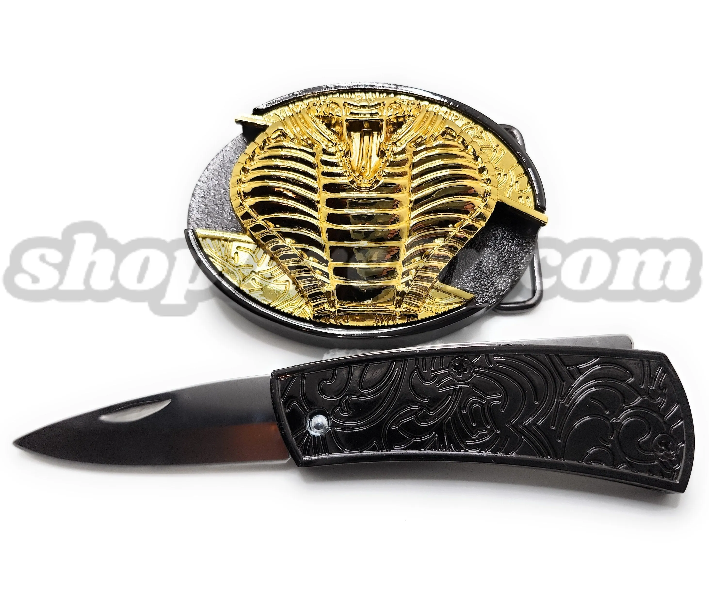 Gold Hooded Cobra Folding Knife Belt Buckle