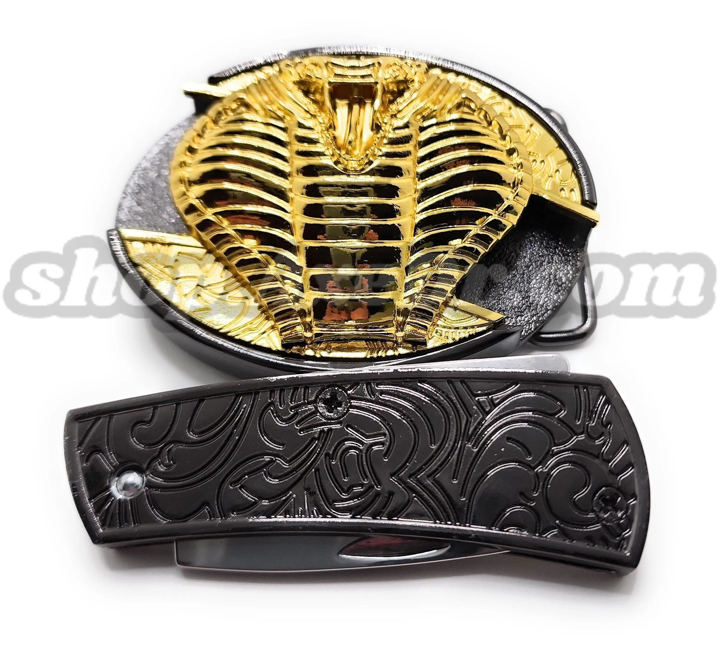 Gold Hooded Cobra Folding Knife Belt Buckle