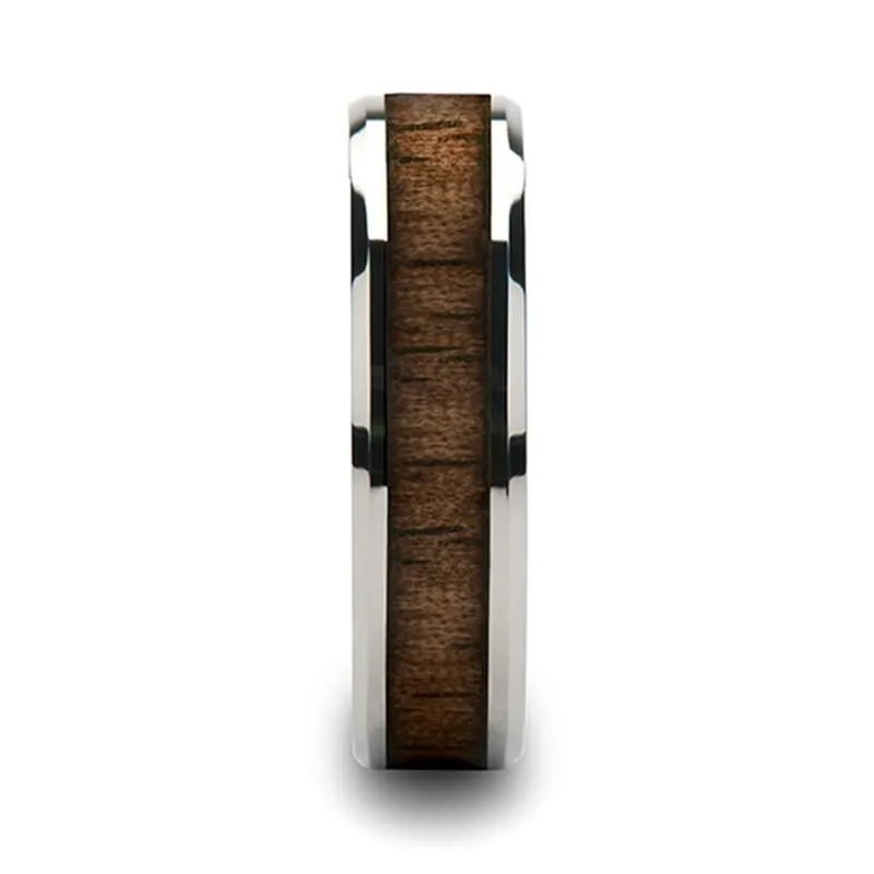 HALIFAX | Silver Tungsten Ring, Red Wood Inlay, Beveled