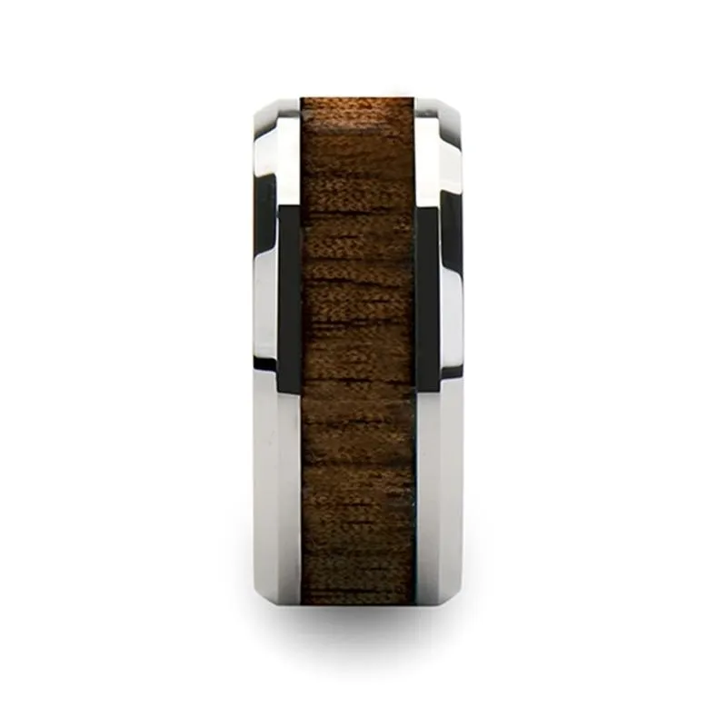HALIFAX | Silver Tungsten Ring, Red Wood Inlay, Beveled