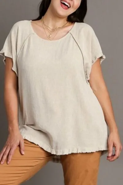 Hazel Blues® | Umgee Seam Detail Linen Ruffle Fringe Edge Top