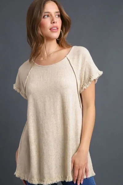 Hazel Blues® | Umgee Seam Detail Linen Ruffle Fringe Edge Top