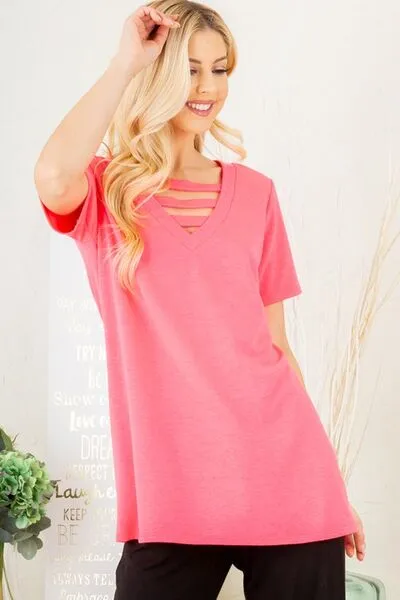 Heimish Full Size V-Neck Short Sleeve T-Shirt with Bar Detail Plus Size