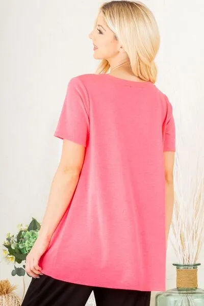 Heimish Full Size V-Neck Short Sleeve T-Shirt with Bar Detail Plus Size