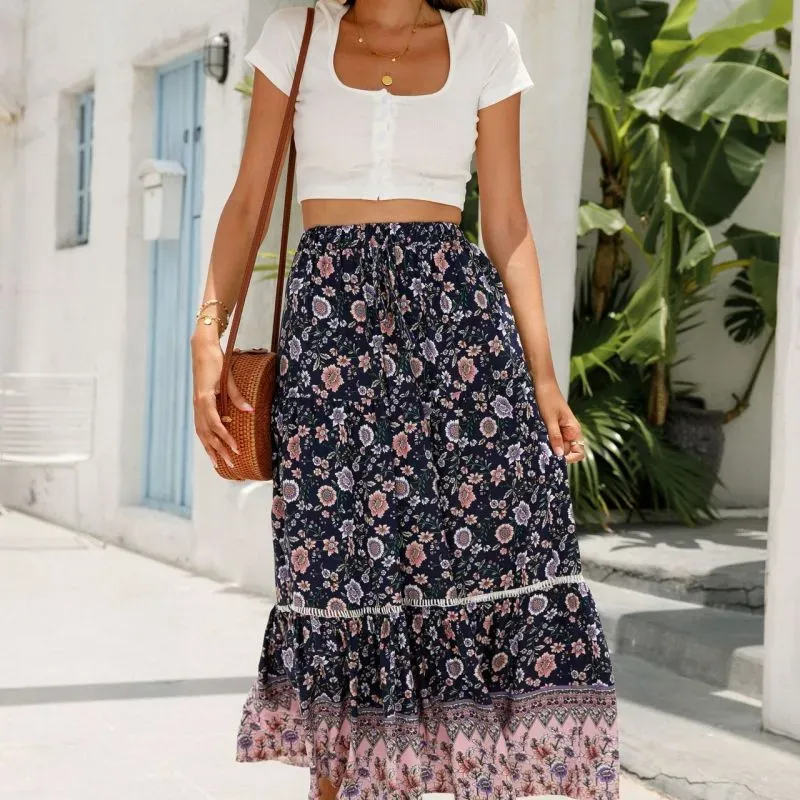High Waist Floral Maxi Skirt with Stretch Waist Band - Breathable Polyester/Spandex Blend