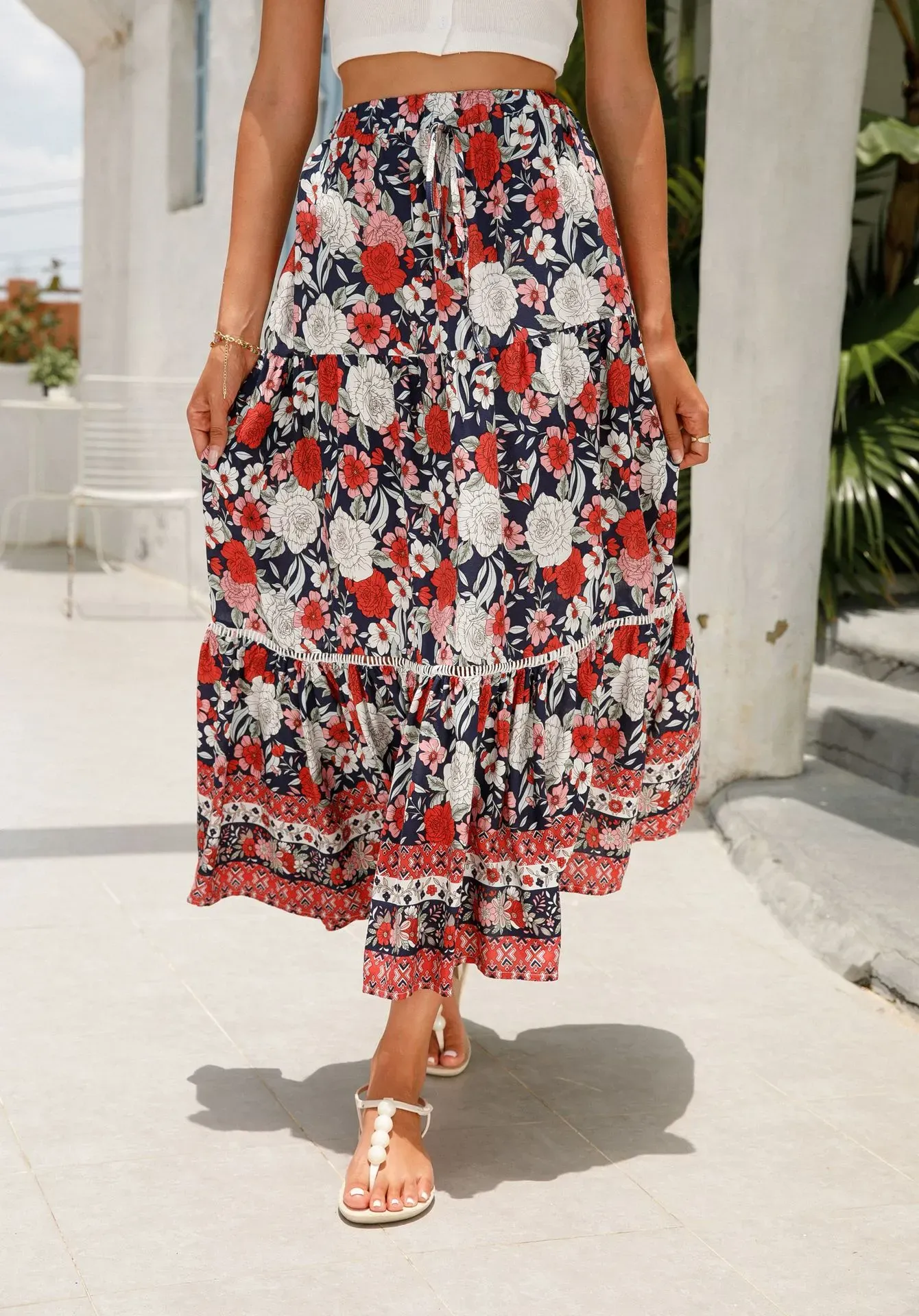 High Waist Floral Maxi Skirt with Stretch Waist Band - Breathable Polyester/Spandex Blend