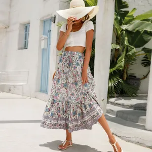 High Waist Floral Maxi Skirt with Stretch Waist Band - Breathable Polyester/Spandex Blend