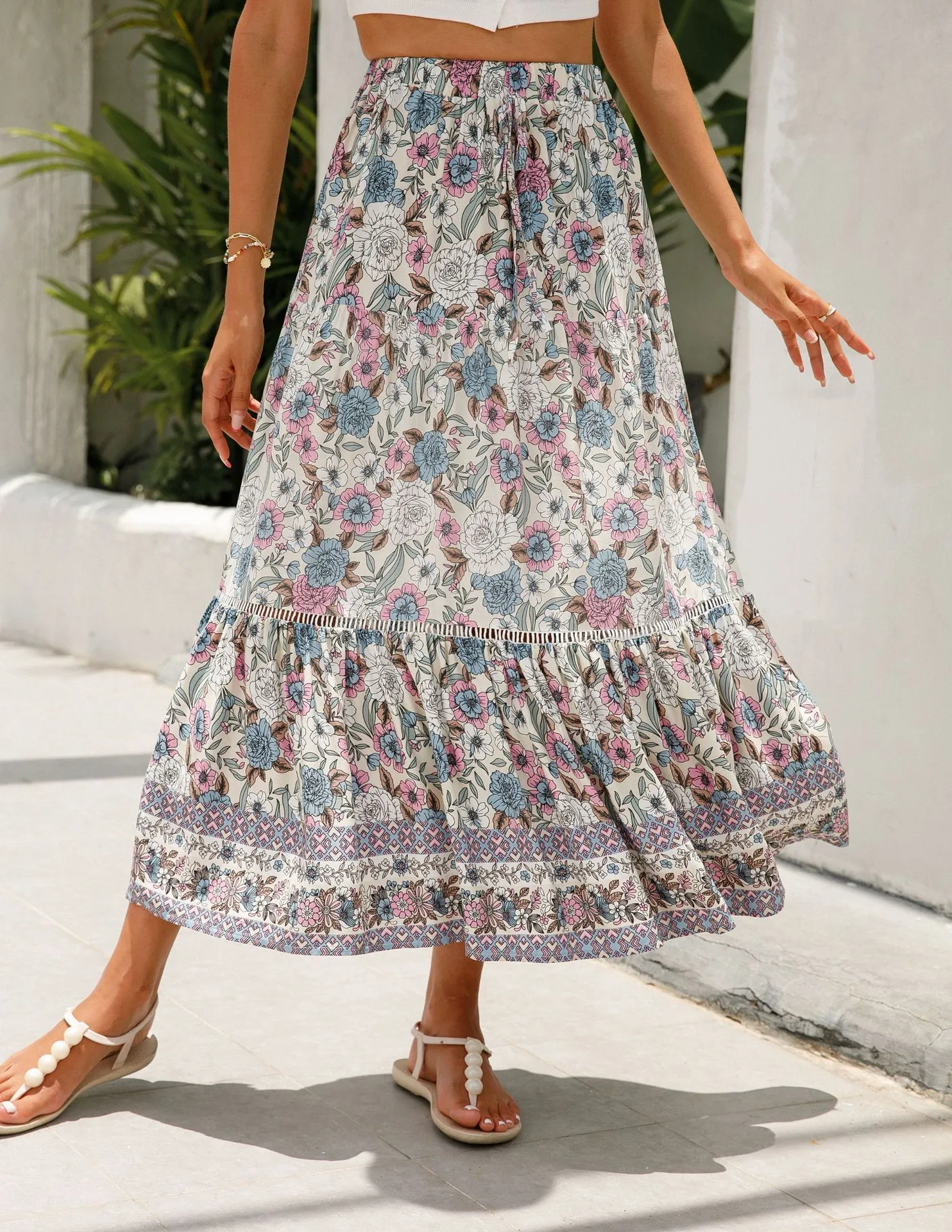 High Waist Floral Maxi Skirt with Stretch Waist Band - Breathable Polyester/Spandex Blend
