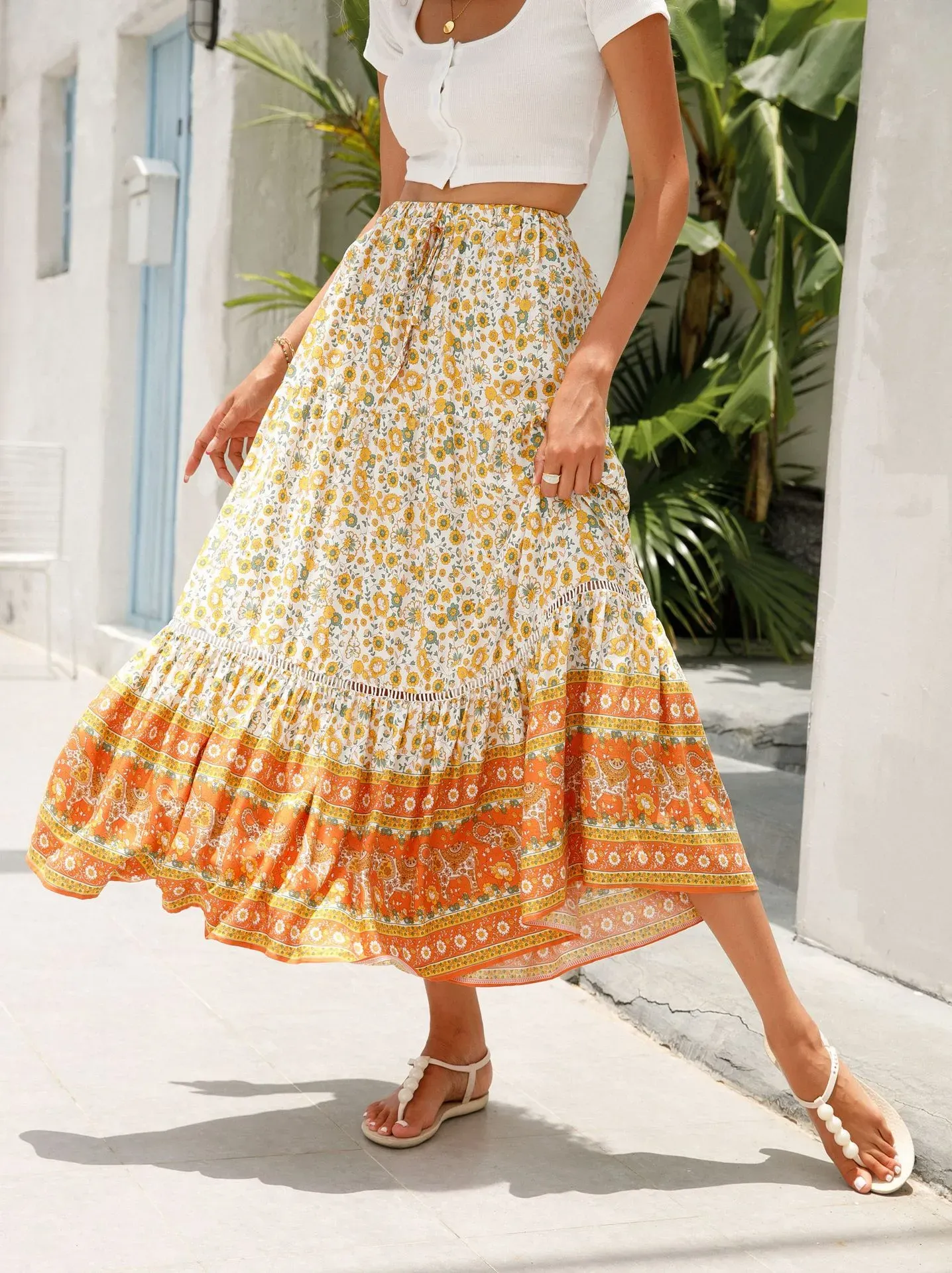 High Waist Floral Maxi Skirt with Stretch Waist Band - Breathable Polyester/Spandex Blend