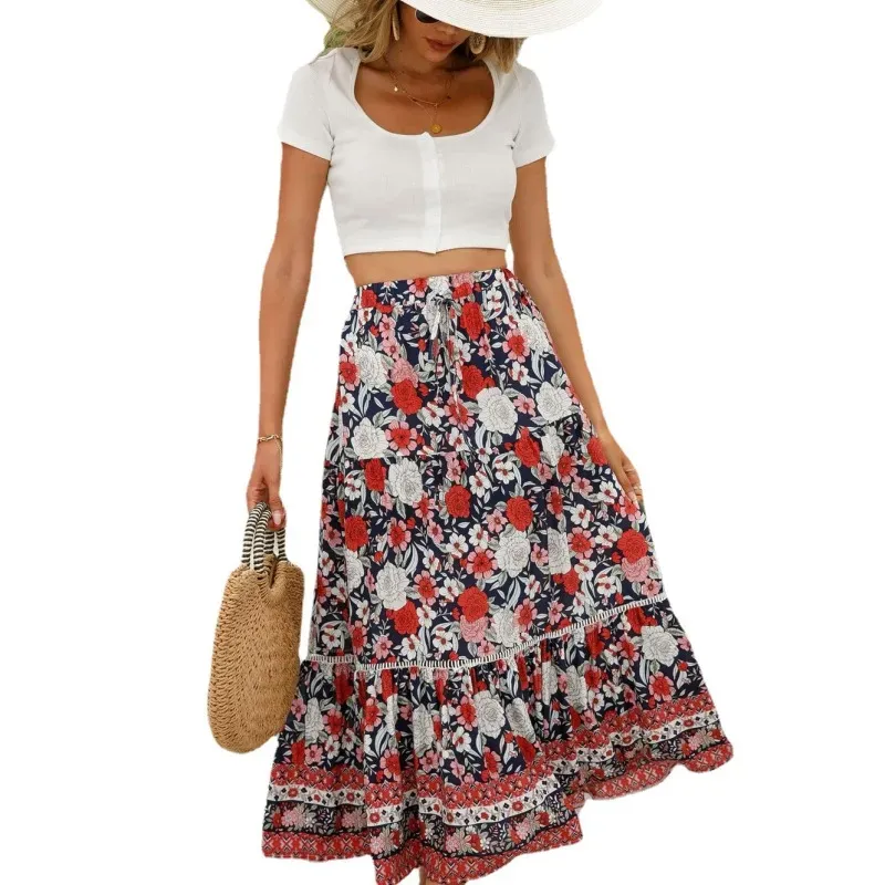 High Waist Floral Maxi Skirt with Stretch Waist Band - Breathable Polyester/Spandex Blend