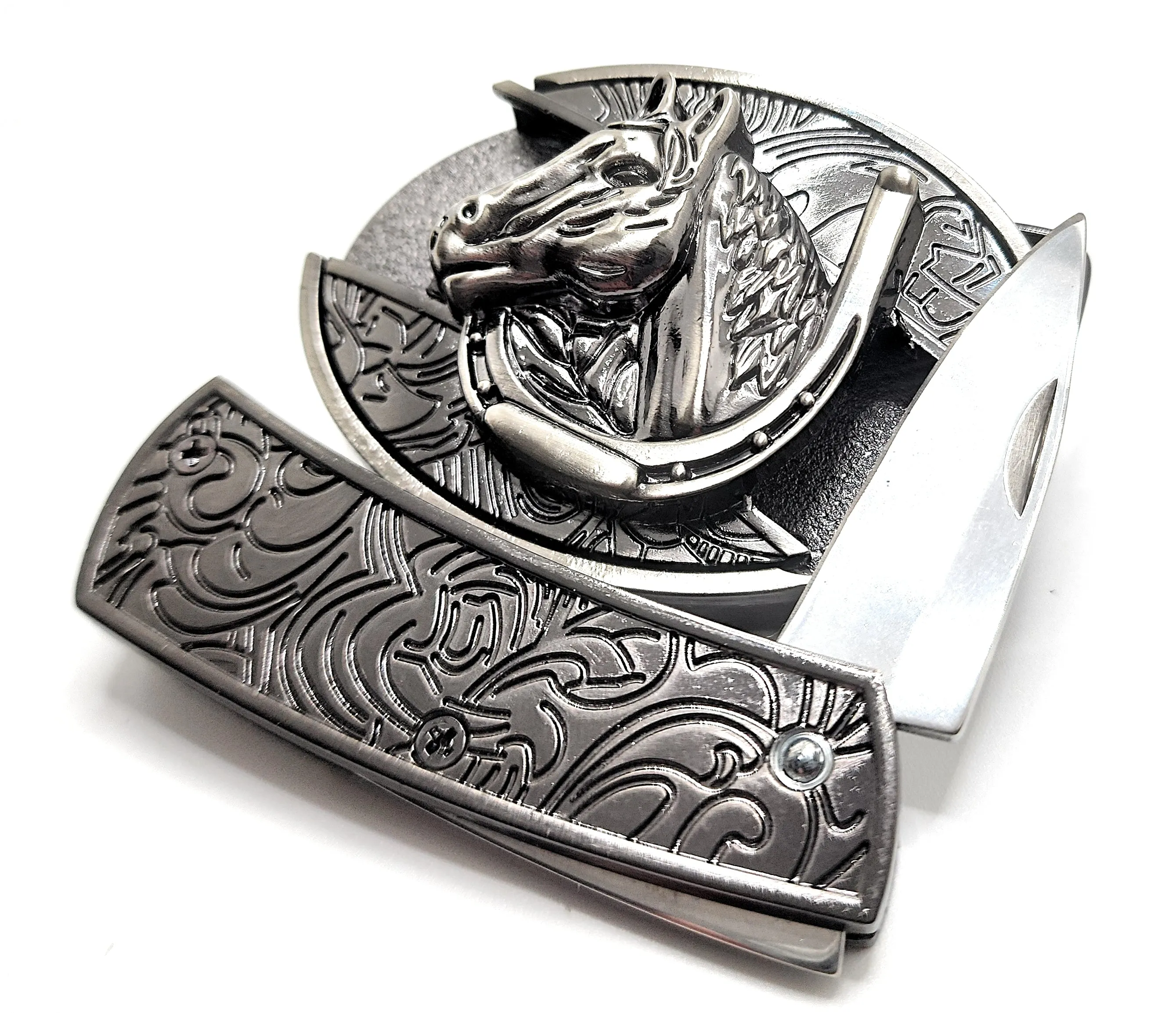Horse and Horseshoe Folding Knife Belt Buckle Western