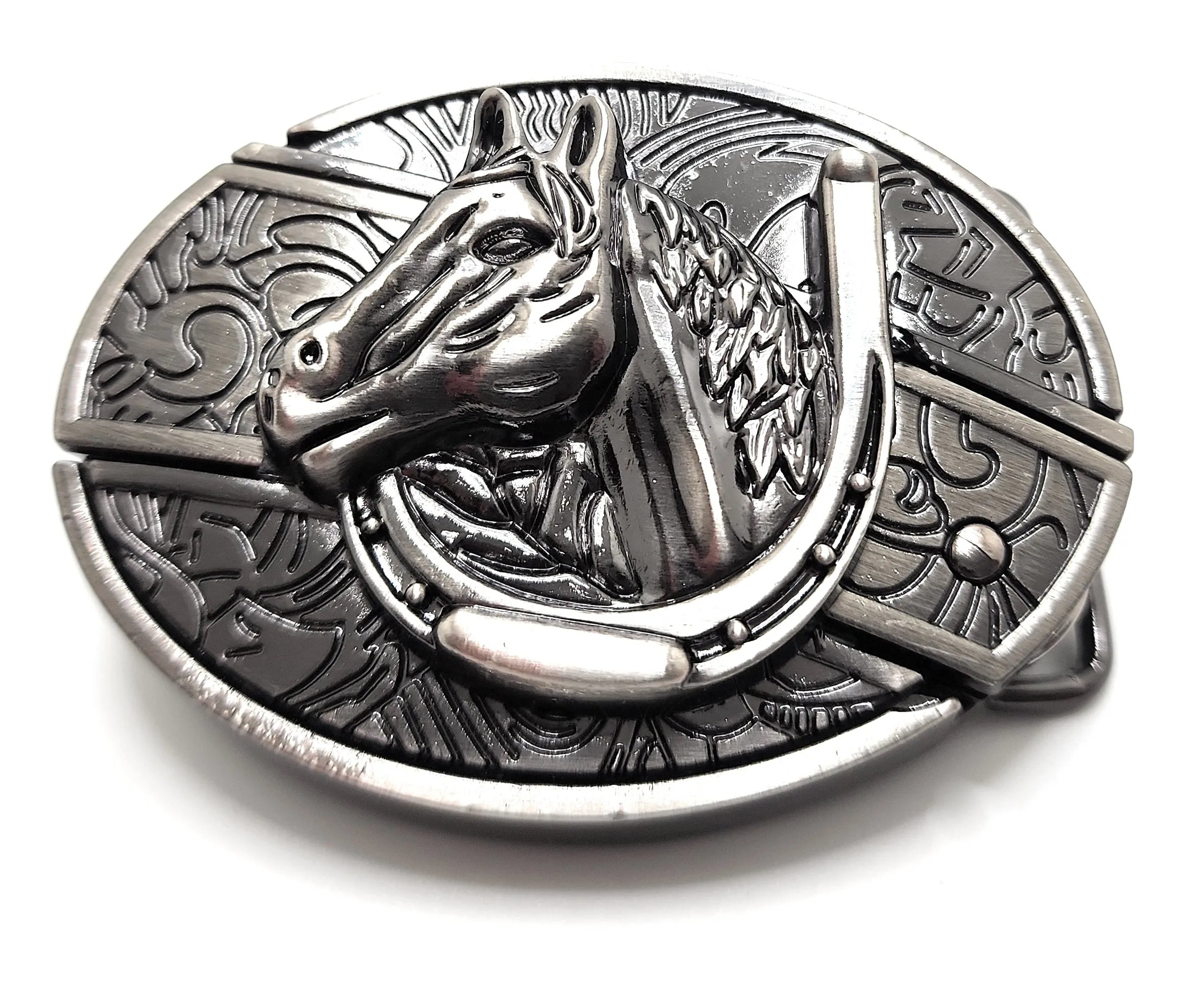 Horse and Horseshoe Folding Knife Belt Buckle Western