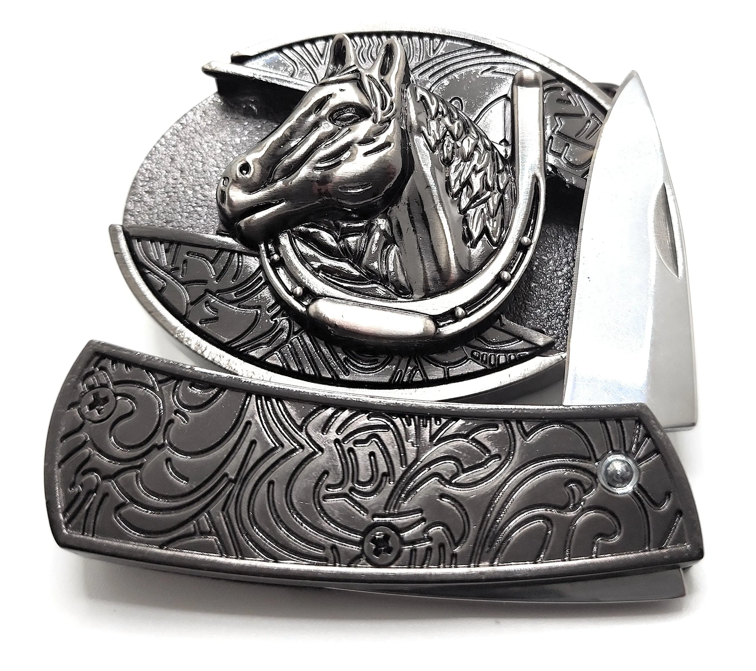 Horse and Horseshoe Folding Knife Belt Buckle Western
