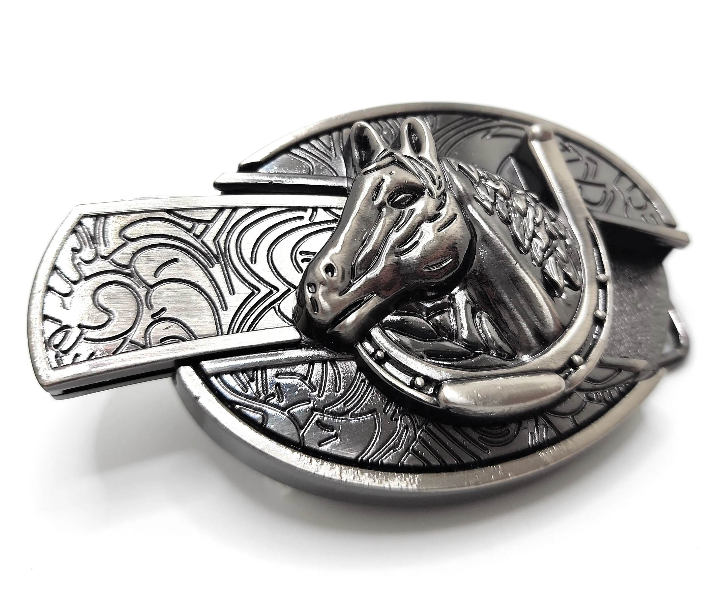 Horse and Horseshoe Folding Knife Belt Buckle Western