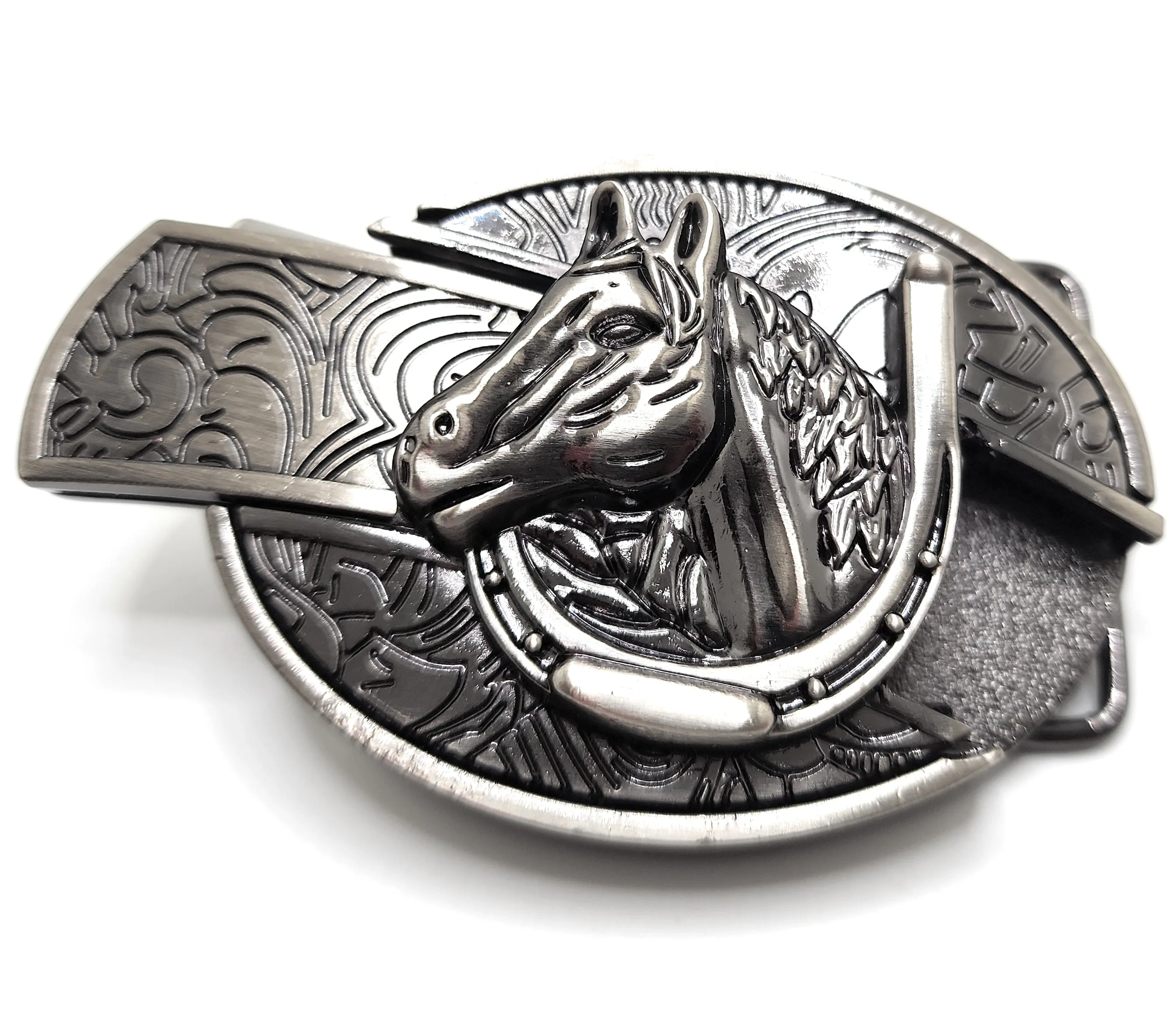 Horse and Horseshoe Folding Knife Belt Buckle Western